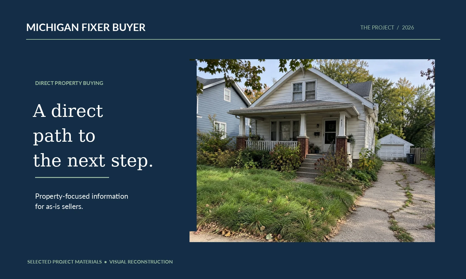 Editorial visual reconstruction for the Michigan Fixer Buyer website using project imagery